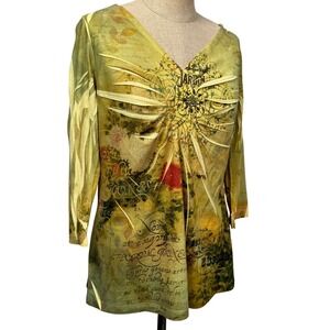 Women L French Parisian Jardin Artsy Crinkle Top‎ V Neck Boho Yellow Blouse USA